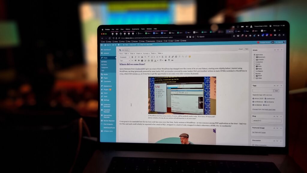 Screenshot showing a WordPress admin interface writing this blog post, with the stage in the background.
