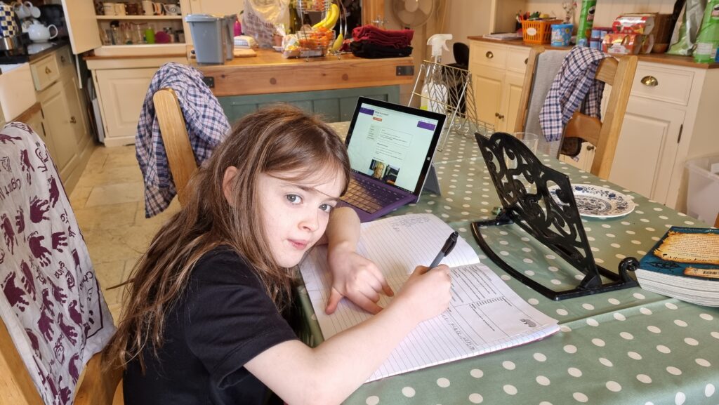 A young girl, her hair wild, sits at a kitchen table with a laptop and a homework book, writing.