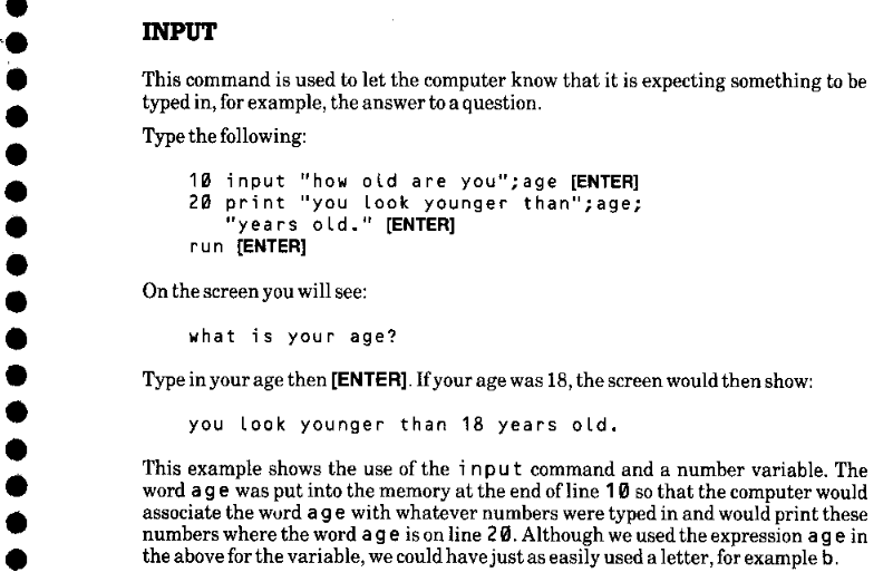 Scan of a ring-bound page from a technical manual. The page describes the use of the "INPUT" command, saying "This command is used to let the computer know that it is expecting something to be typed in, for example, the answer to a question". The page goes on to provide a code example of a program which requests the user's age and then says "you look younger than [age] years old.", substituting in their age. The page then explains how it was the use of a variable that allowed this transaction to occur.