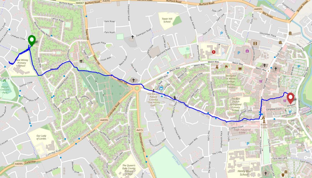 Map showing Dan's wanderings back and forth around West Witney Primary School before heading East-South-East across the town towards Waitrose.