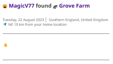Screenshot of a digital log entry from Geocaching.com, titled "MagicV77 found Grove Farm" on 22 August 2023. The entirety of the log entry itself is a thumbs-up emoji.