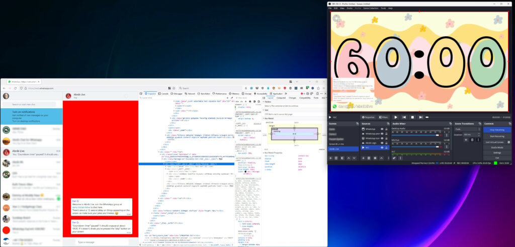 Screenshot showing OBS Studio window with Start Streaming enabled. The layers "VLC", "Abnib Logo", "WhatsApp icon", WhatsApp prompt", and "WhatsApp" are visible. Elsewhere on the screen, a WhatsApp Web view is visible, with its CSS tweaked to give it a red background, among other changes.