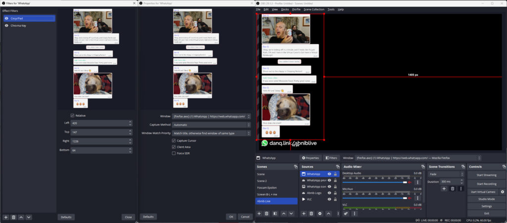 OBS Studio screenshot showing a WhatsApp Web (Window) source tied to a Firefox window and with Crop/Pad and Chroma Key filters applied.