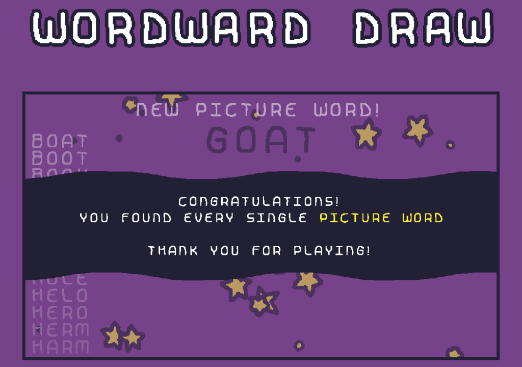 Screenshot showing a completed game of Woodward Draw; the final word was "goat".