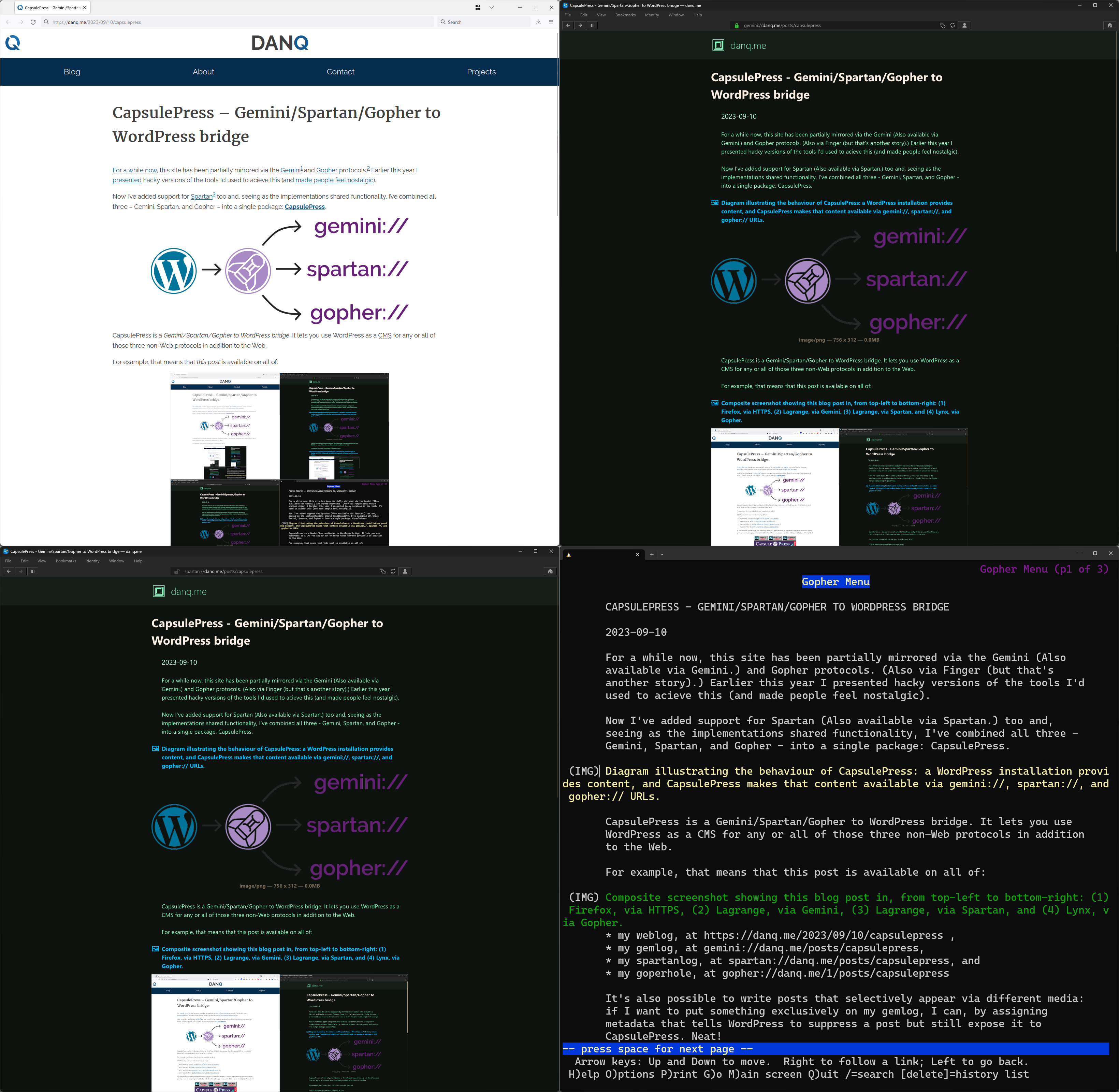 Composite screenshot showing this blog post in, from top-left to bottom-right: (1) Firefox, via HTTPS, (2) Lagrange, via Gemini, (3) Lagrange, via Spartan, and (4) Lynx, via Gopher.