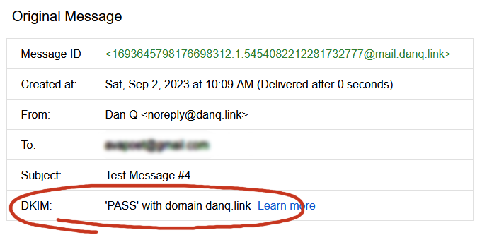 Screenshot from GMail showing "DKIM: 'PASS' with domain danq.link".