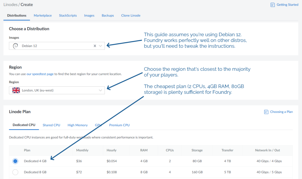 Annotated screenshot showing a Linode provisioning form, with "Debian 12", the "London, UK", region, and "Dedicated 4GB" plan options selected.