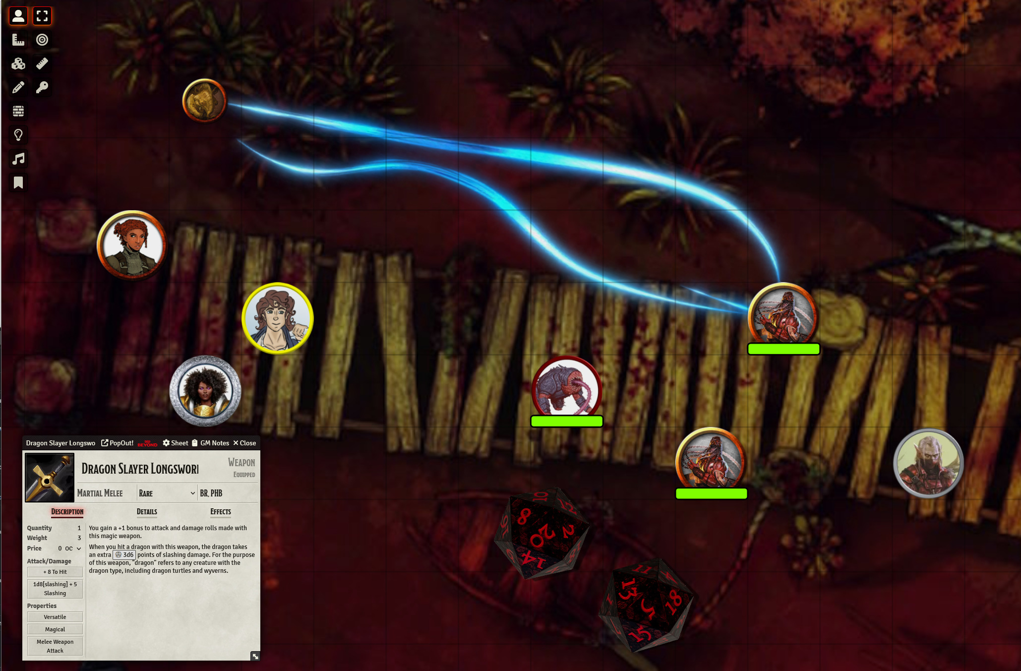 Screenshot from FoundryVTT, showing a party of three adventurers crossing a rickety bridge through a blood-red swamp, facing off against a handful of fiends coming the other way. A popup item card for a "Dragon Slayer Longsword" is visible, along with two 20-sided dice.