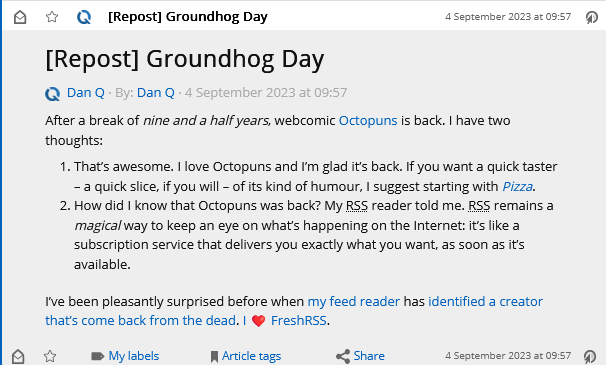 Screenshot from a web-based RSS reader application, showing recent repost "Groundhog Day". The final line contains a link with the text "I ❤️ FreshRSS" shown correctly, with a red heart emoji at the appropriate font size.