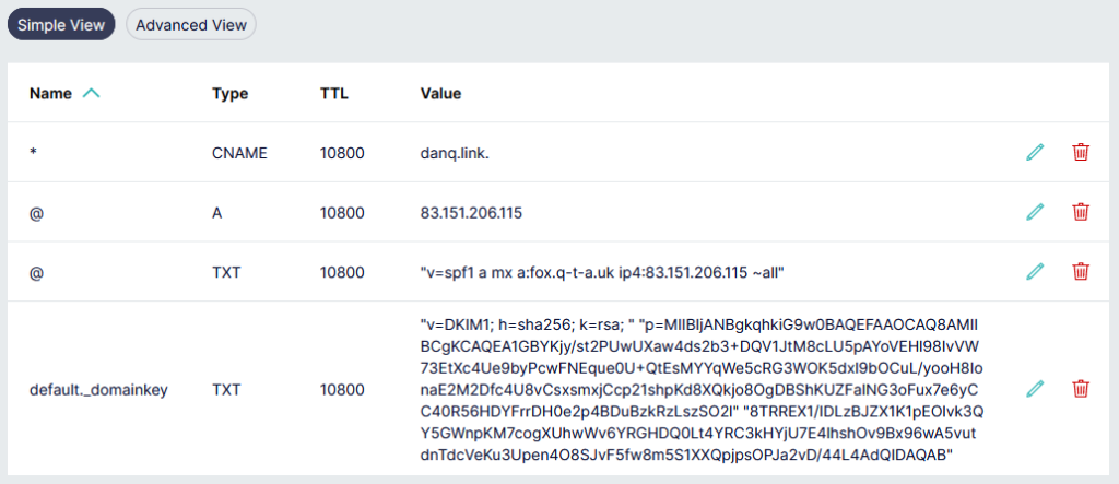 Screenshot from Gandi's Simple DNS management tools, showing danq.link with an SPF record as descibed earlier and a new TXT record on default._domainkey as just described.