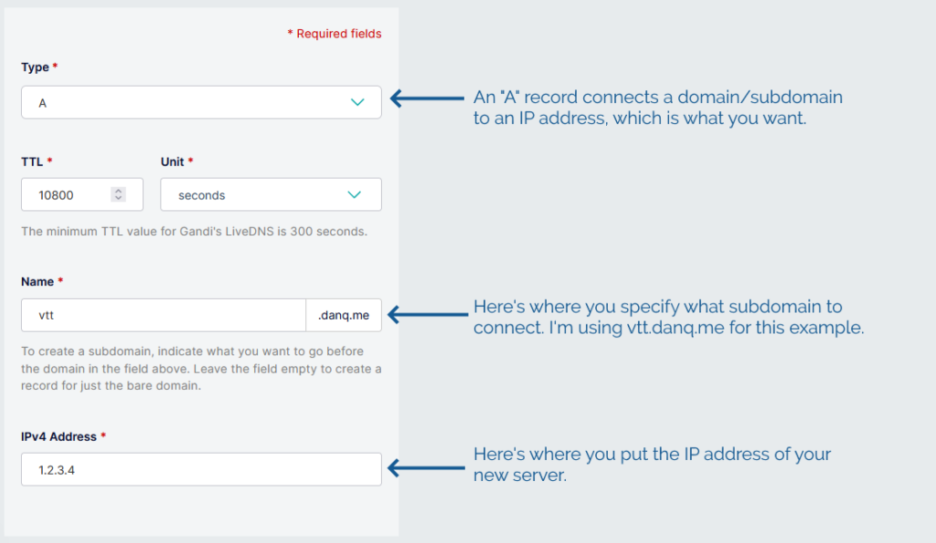 Screenshot from Gandi showing adding an A record for vtt.danq.me -> 1.2.3.4.