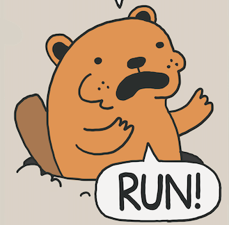 Partial comic frame showing a groundhog popping its head out of a hole and shouting "RUN!".