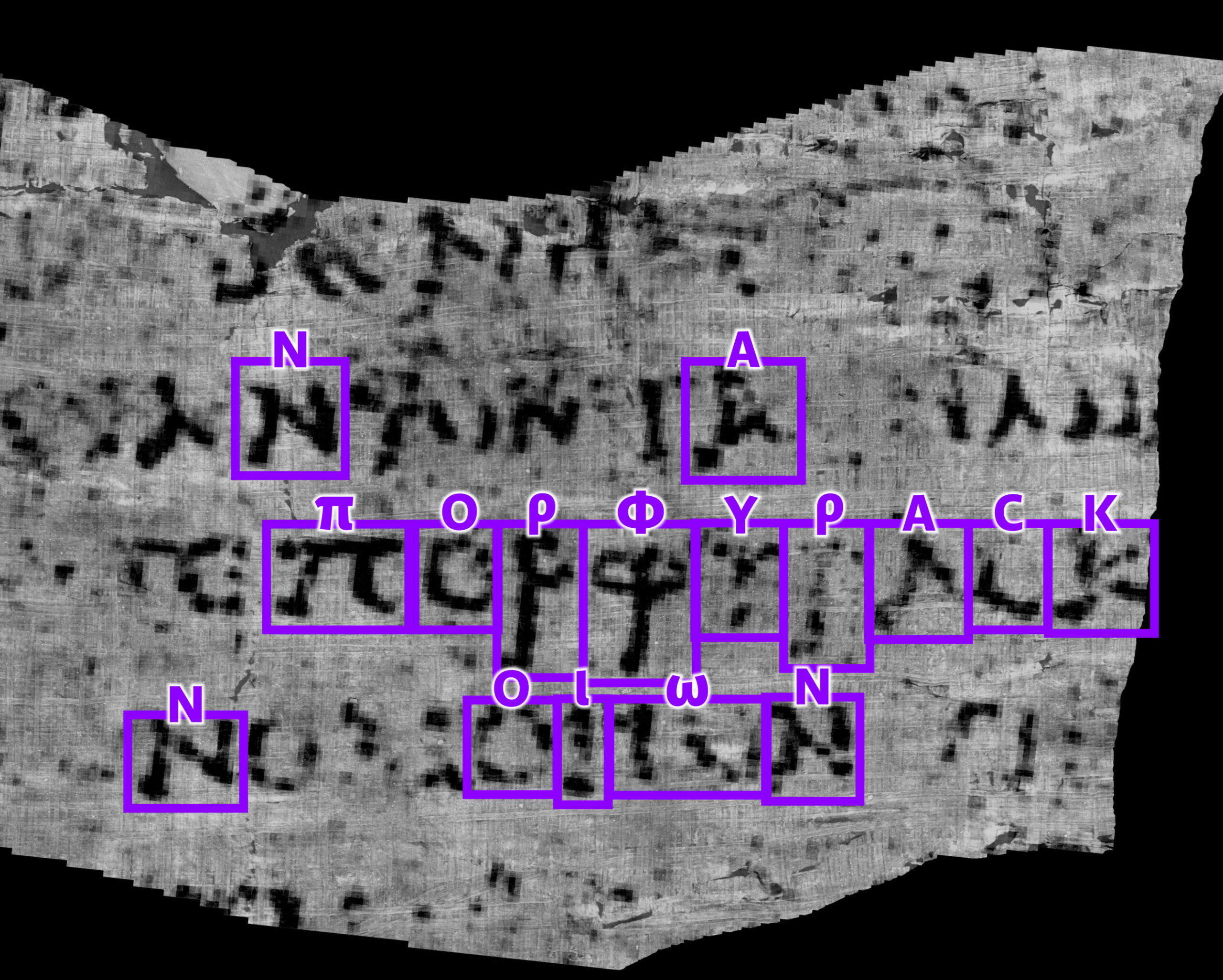 Computer-assisted photograph showing visible letters on a rolled scroll, with highlighting showing those that can be deciphered, forming a word.
