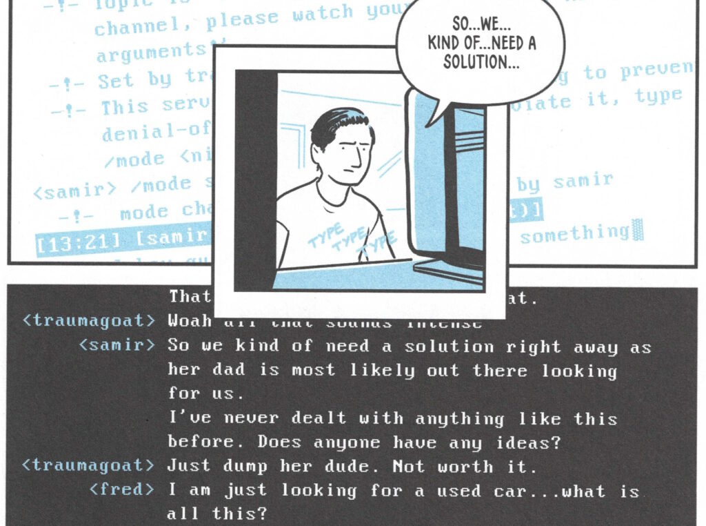 Partial scan from a page of Incredible Doom, showing a character typing about "needing a solution", with fragments of an IRC chat room visible in background panels.