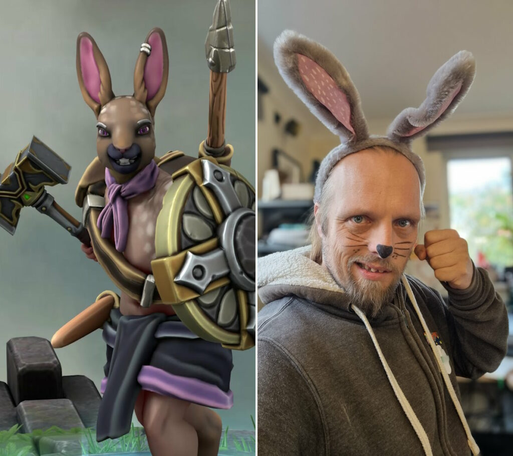 Composite photo showing on the left a render of large anthropomorphic rabbit with chestnut-coloured fur, brandishing a shield and a warhammer; on the right Dan, wearing a rabbit ear headband and with a nose and whiskers painted on his face, looking threatening (insofar as it's possible to do so while looking like a bunny).