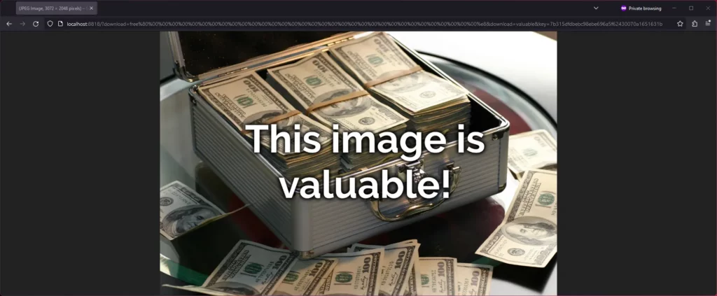 Browser at the resulting URL, showing the "valuable" image (a pile of money).
