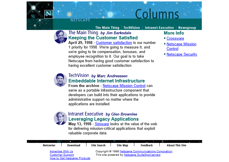 Screenshot showing the homepage of Netscape Columns from 15 February 1998; the first recorded copy NOT to have a header link to the Webstories / Web Site Stories page.