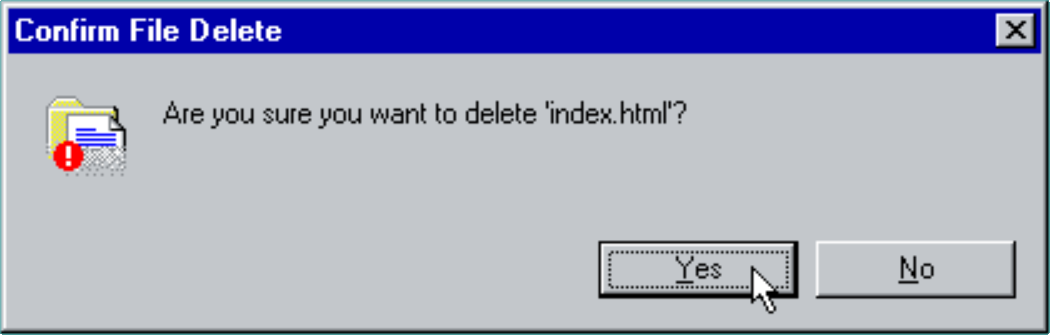 Screenshot of a Windows 95 dialog box, asking "Are you sure you want to delete index.html?" The cursor hovers over the "Yes" button.