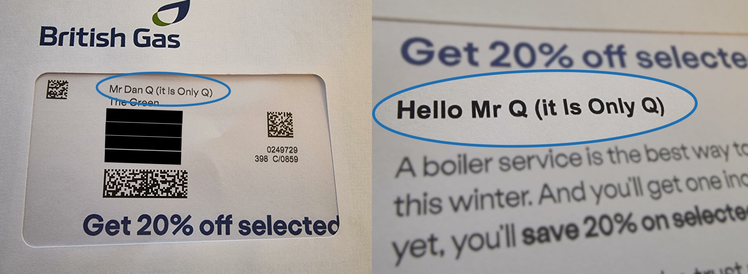 Letter from British Gas addressed to "Mr Dan Q (it Is Only Q)" and opening with "Hello Mr Q (it Is Only Q)".