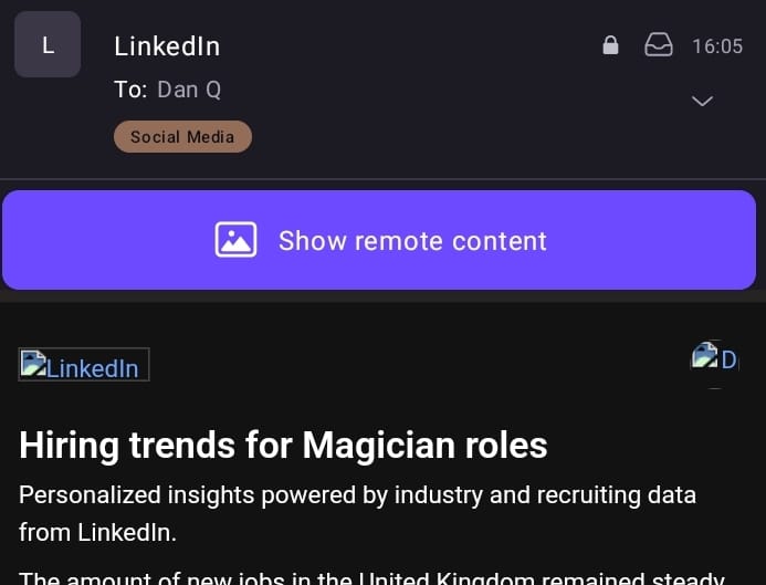 Email from LinkedIn with the subject "Hiring trends for Magician roles".