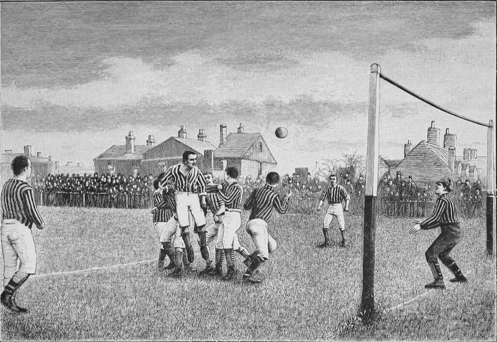 Monochrome line drawing showing a 19th century scene of a football match. The ball appears to have been headed towards the goal by a jumping player; the goalkeeper is poised to dive for it.