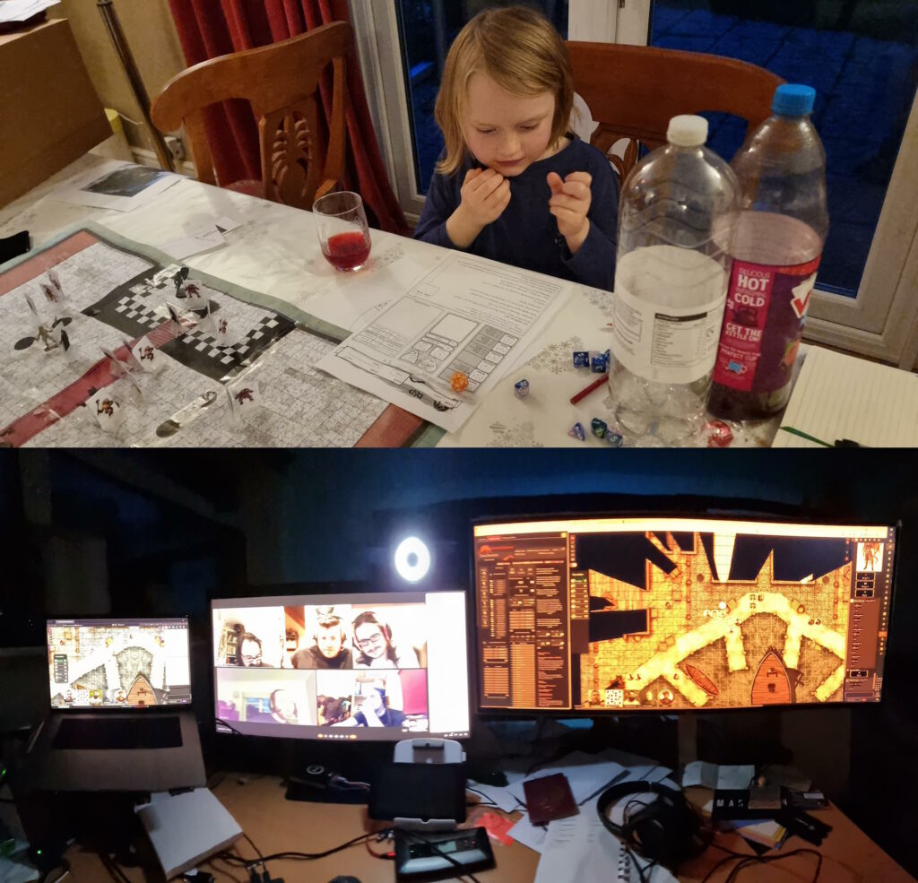 Composite photo showing a young boy rolling a D20 onto a character sheet in front of a tabletop battlemap, and three monitors in a dark room showing a video chat between people and a digital gameboard.