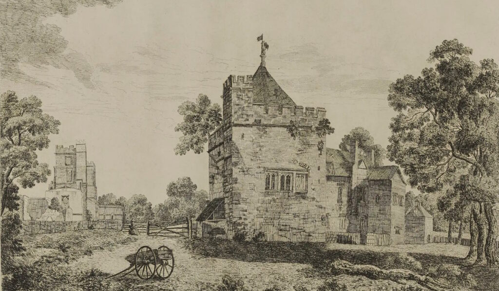 Woodcut print showing a mostly-intact stone structure of two or three stories in an 18th-century rural setting, with a church in the background.
