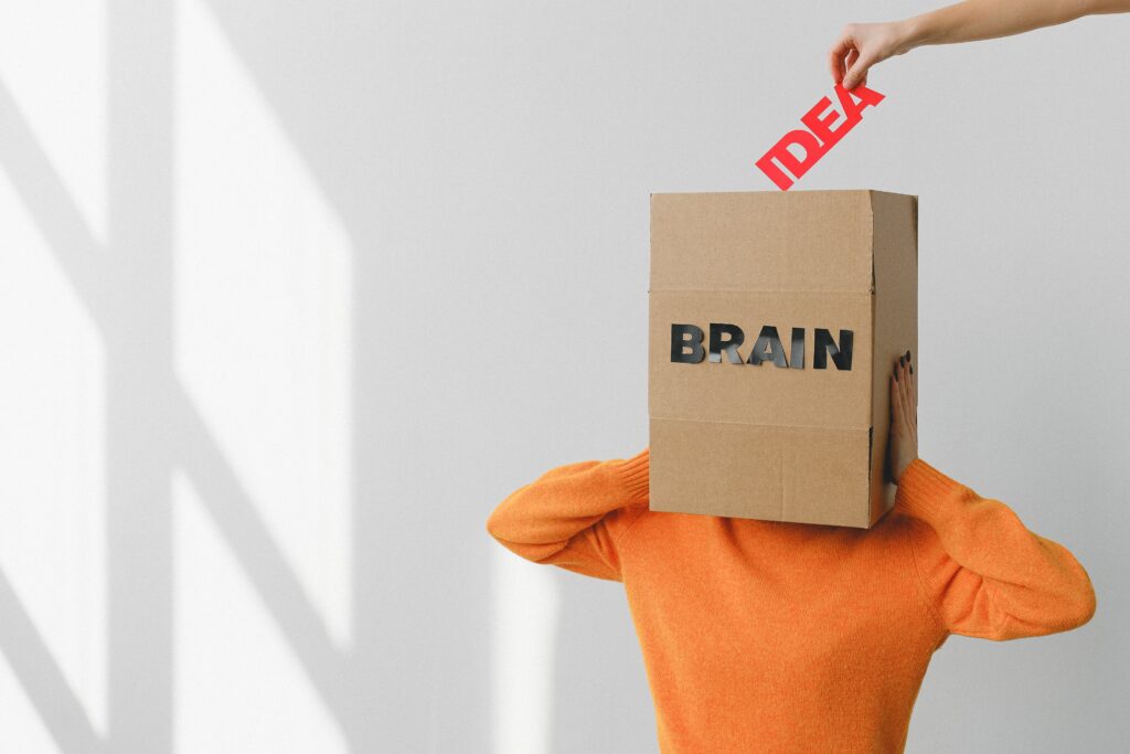 A person wearing a cardboard box on their head, labelled "BRAIN". Above, a hand reaches from out-of-frame to hold a sign labelled "IDEA" above them.