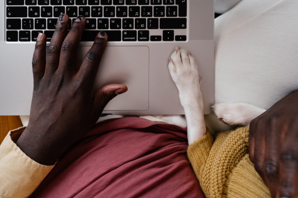A laptop keyboard with a black man's hand and a cream-coloured dog's paw resting on it, seen from above. (Almost-matching) sleeves can be seen on the limbs of both.