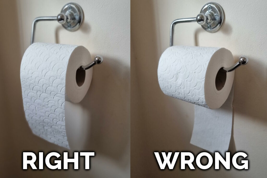Annotated composite photograph showing two toilet rolls on their holster. One hangs in front of the roll, as is correct and proper, and it labelled "right". The other hangs behind the roll, in the terrible forbidden way acceptable only to imbeciles, and is labelled "wrong".