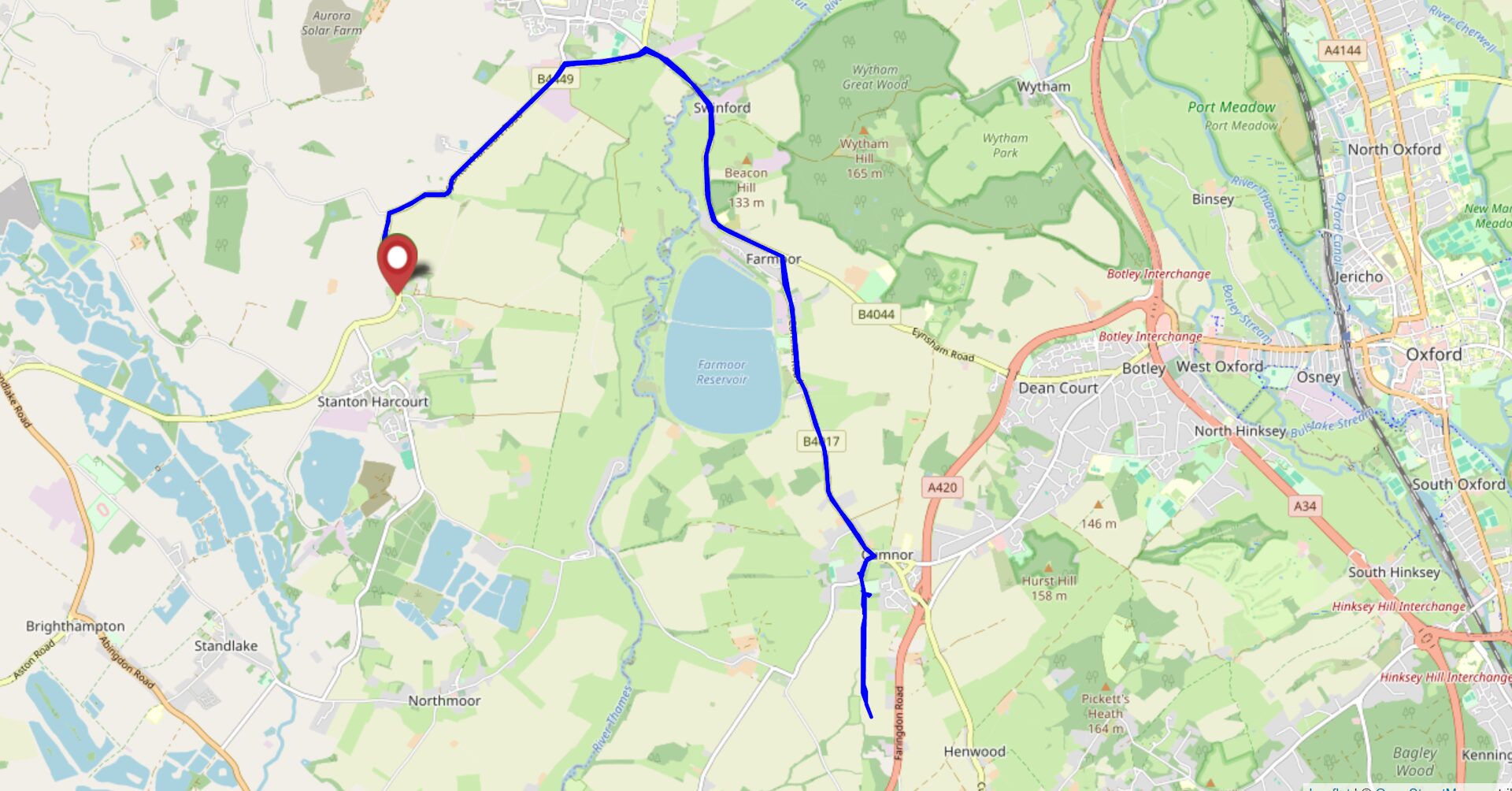 Map showing a route from Sutton, Stanton Harcourt, over the Swinford Toll Bridge, South into Cumnor, and then out into some fields South of that.