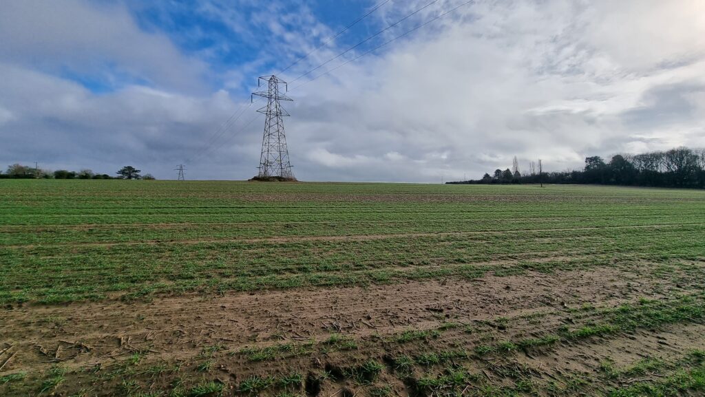 An electricity pylon stands along in a green/brown field.
