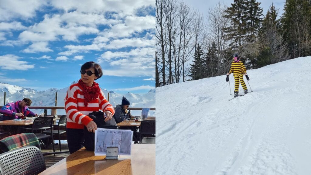 Composite image showing (1) a woman at an alpine terrace bar wearing a red-and-white striped jumper, and (2) a skiier wearing a yellow-and-black striped snowsuit. They look somewhat like Wilma and Odlaw from the Where's Wally?/Where's Waldo? series of books.