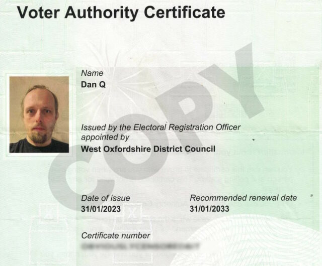 Voter Authority Certificate for "Dan Q".
