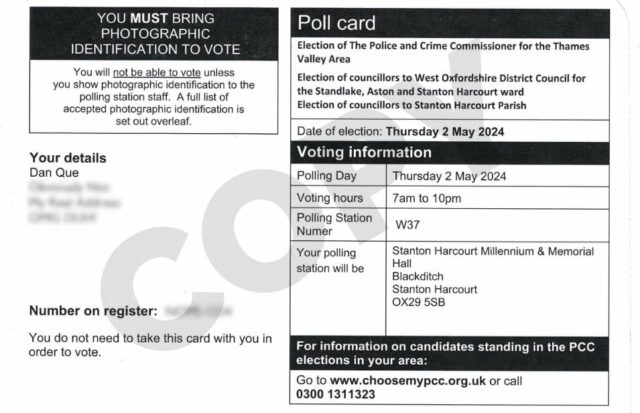 Poll card for West Oxfordshire District Council (and other) local elections on 2 May 2024 addressed to "Dan Que".