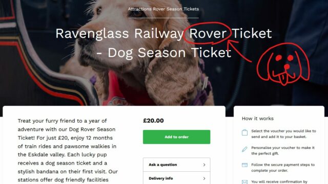 Screenshot of the page selling Ravenglass Railway 'Rover' tickets for dogs.