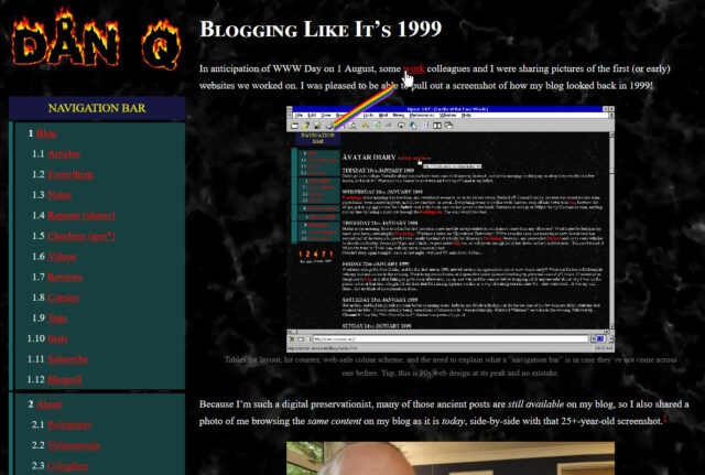 My blog post about 1999 Mode, viewed using 1999 Mode.