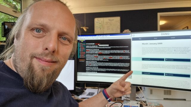 Dan poses in front of circa 1999 and present-day copies of his blog, both showing posts from January 1999.