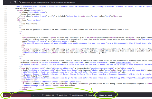 Source code for a post on DanQ.me, being searched for unnecessary HTML closing tags. No results are found.