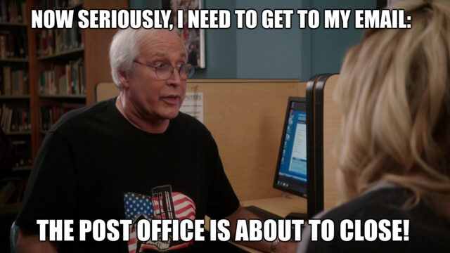 In Community Season 4, Episode 8 (Herstory of Dance), Pierce Hawthorne (Chevy Chase), wearing an Inspector Spacetime t-shirt, sits in a computer lab, saying "Seriously, I need to get to my email: the Post Office is about to close!"