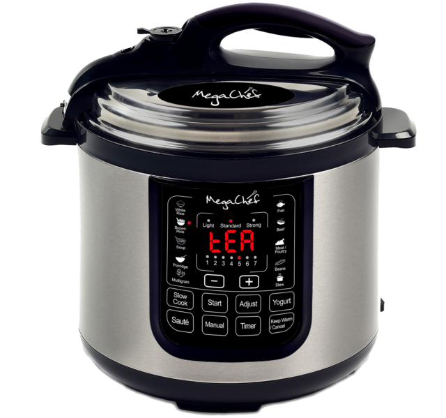 A pressure cooker whose digital display reads 'tea'.