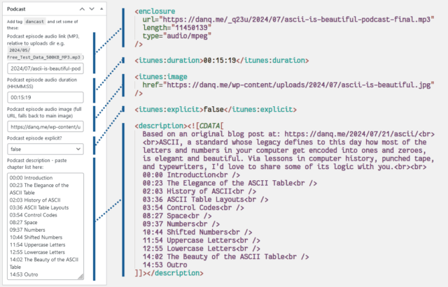 Mapping of wp-admin metadata fields to parts of a podcast feed.