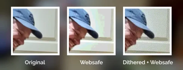 Comparison image showing the original, websafe, and dithered-websafe images, zoomed in so that you can see the speckling of random noise in the dithered version.