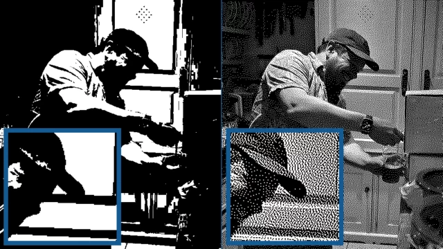 Comparison image showing the image quantized to monochrome without (looks blocky/barely identifiable) and with (looks like old newspaper photography) dithering.