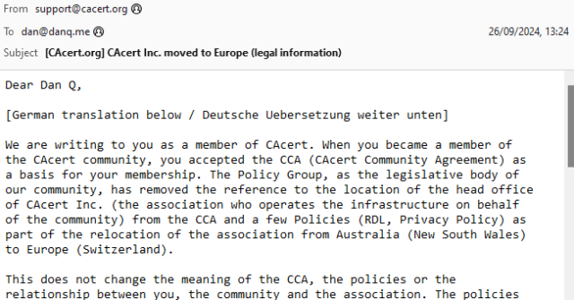 Top part of an email from CACert, which begins with the text "German translation below / Deutsche Uebersetzung weiter unten".