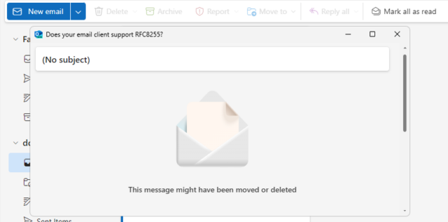 Screenshot from Outlook 365, showing the message "This message might have been moved or deleted".