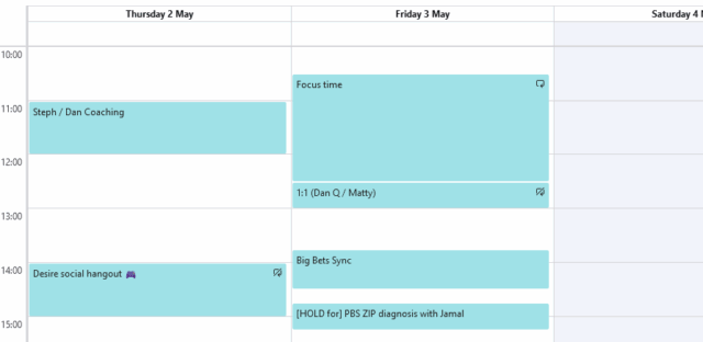 Screenshot showing calendar for Thu 2 May and Fri 3 May. The period from 10:30 - 12:30 on the Friday is marked 'Focus Time'.