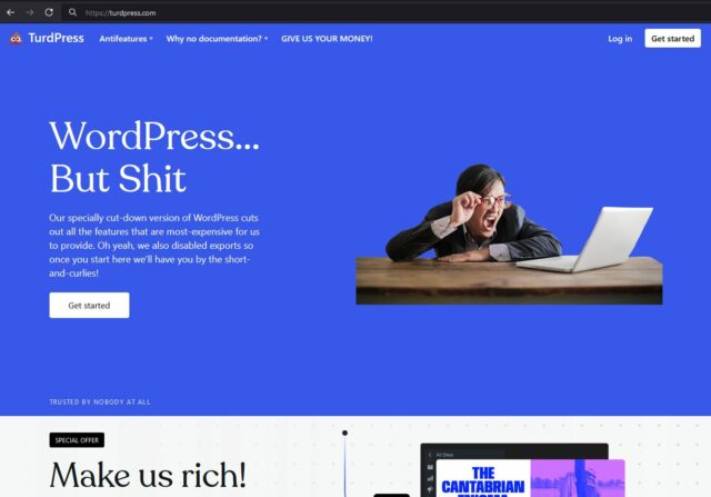 Fake web screenshot showing turdpress.com, "WordPress... But Shit".