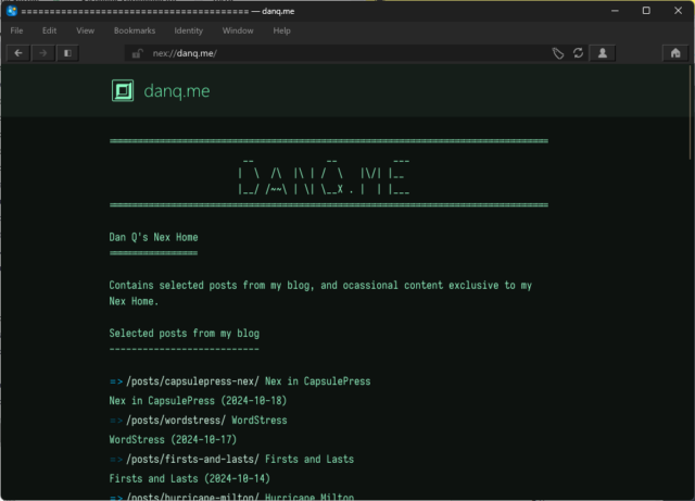 Screenshot showing DanQ.me homepage via Nex, in Lagrange browser.