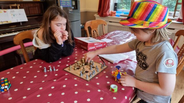 In a cluttered dining room, two children play Arimaa, a chess-like board game.